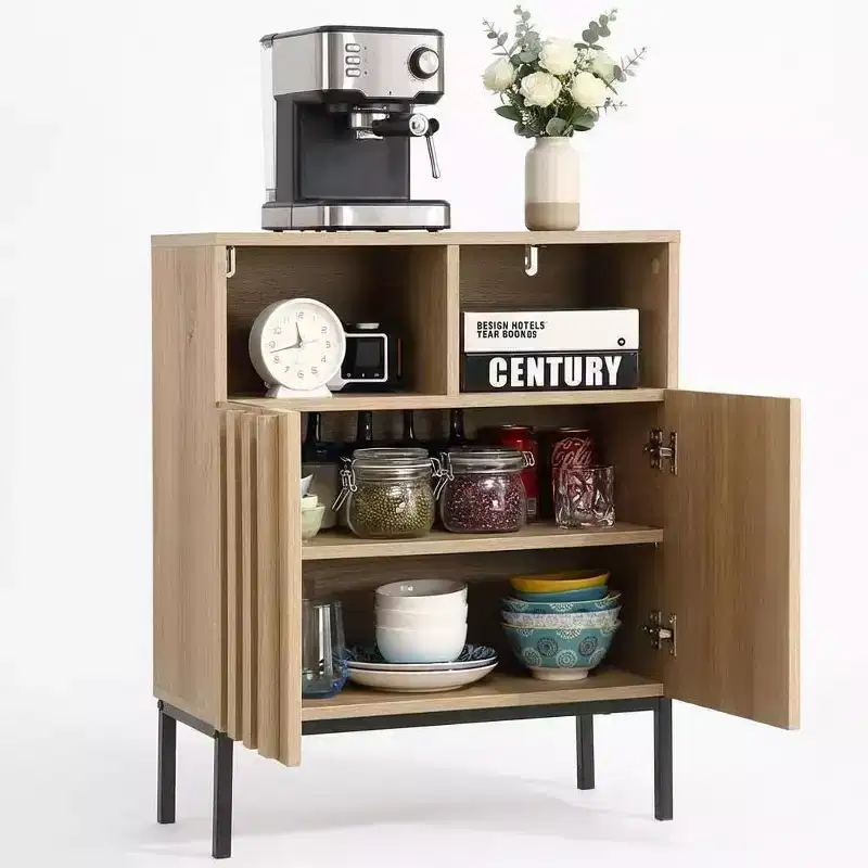 2 pack Buffet Cabinet, Modern Industrial Sideboard with Storage, Fluted Coffee Bar Table with Metal Legs