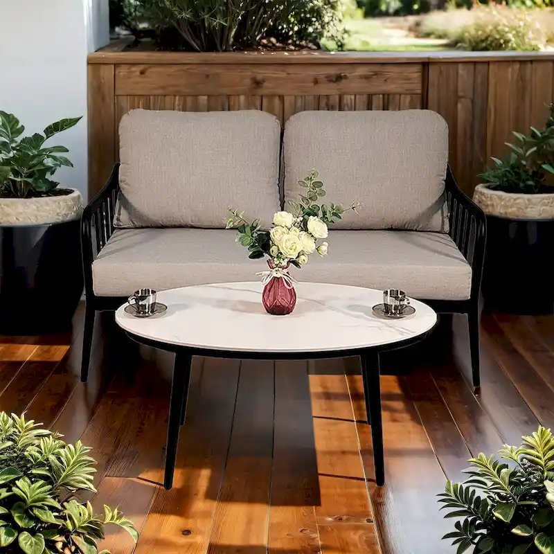 Modern Outdoor Conversation Set: Aluminum Loveseat and Oval Coffee Table in Ember Black