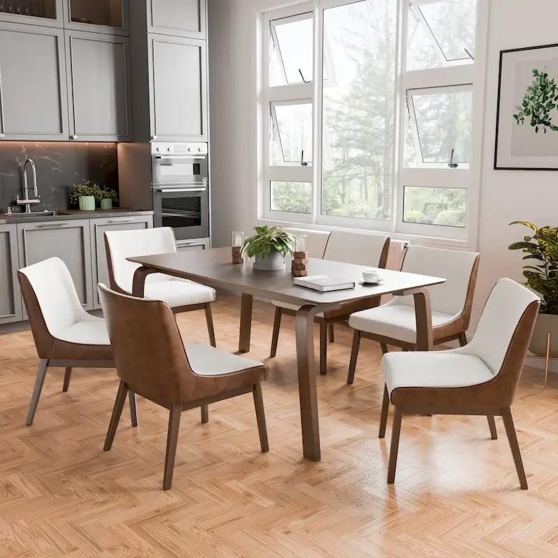 Furniture of America Beau I Mid-century Walnut 7-Piece Rectangle Dining Table Set