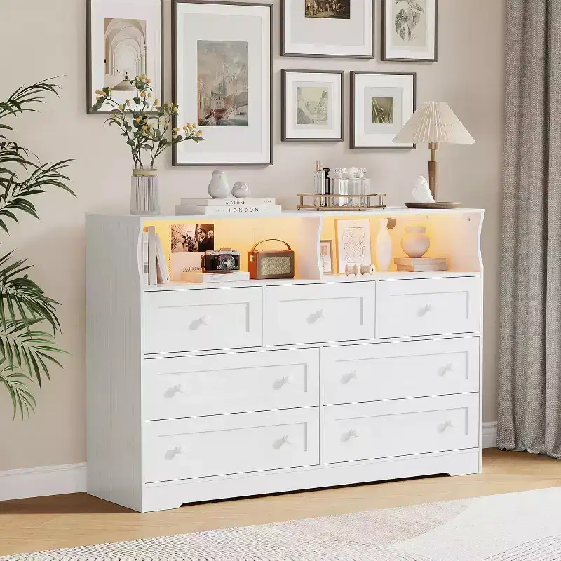 7-Drawer Wooden Dresser, with 2 Open Cubbies & LED Lights for Bedroom & Living Room, White