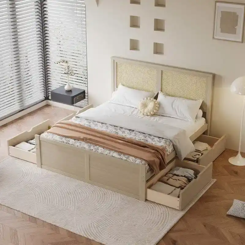 Full Size Storage Platform Bed with 4 Drawers and Rattan Headboard