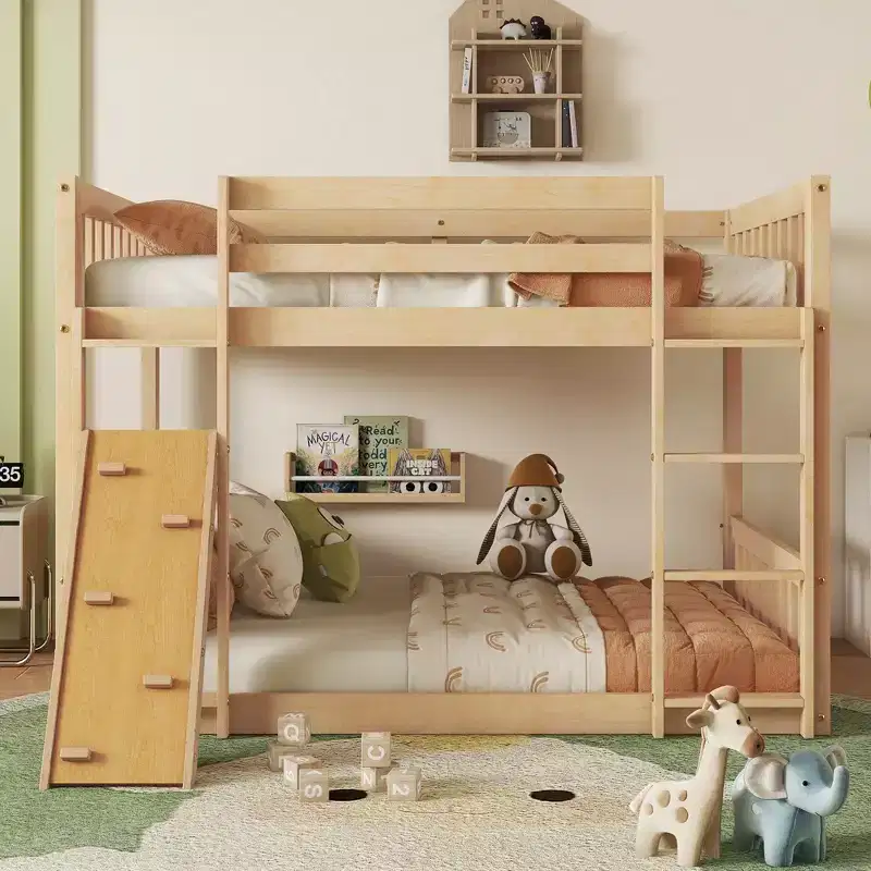 Whisen Twin Over Twin Floor Bunk Bed, Playhouse Floor Bunk Bed with Climbing Ramp, Ladder and Safety Guardrails