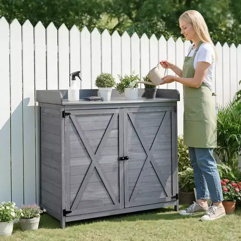 VEVOR Potting Bench Table, Outdoor Gardening Wooden Storage Cabinet with 39 x 19 in Wood Tabletop, Garden Planting Workstation, Gray