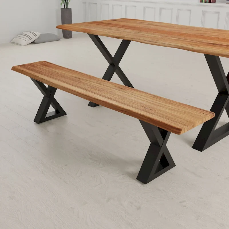 Solid Wood Slab Bench with Black Powder-Coated X Legs