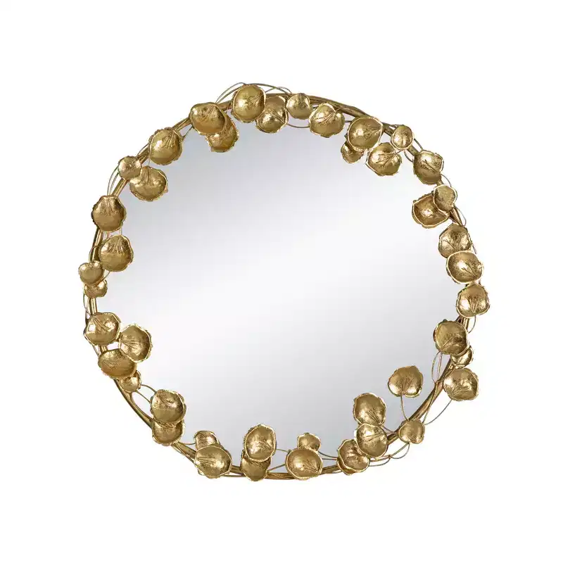 35 Inch Round Metal Wall Mirror with Golden Leaf Accents
