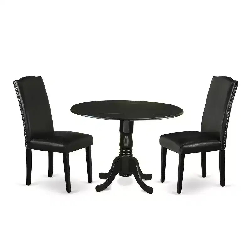 HomeStock 3-Piece Round Black Finish Solid Wood Top Dining Table with 2 Parson Chairs with Drop Leaf