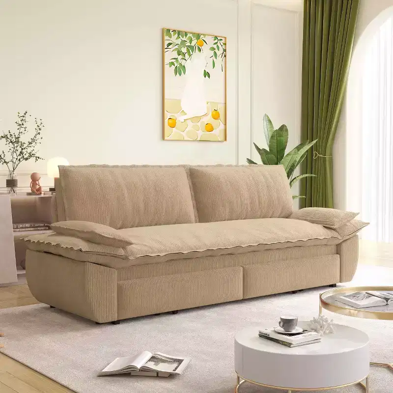 MAYEERTY 73.2 Queen Pull Out Sofa Bed, 3-in-1 Convertible Sleeper Sofa, Multifunctional Velvet Loveseat Bed Camel