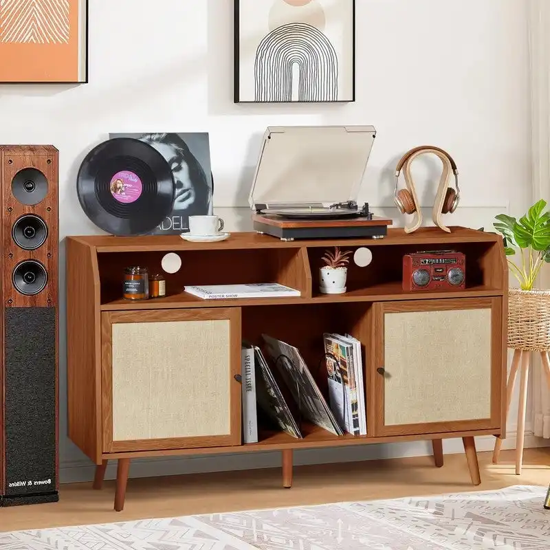 Record Player Stand with Vinyl Storage, Sliding Linen Doors and Cable Management