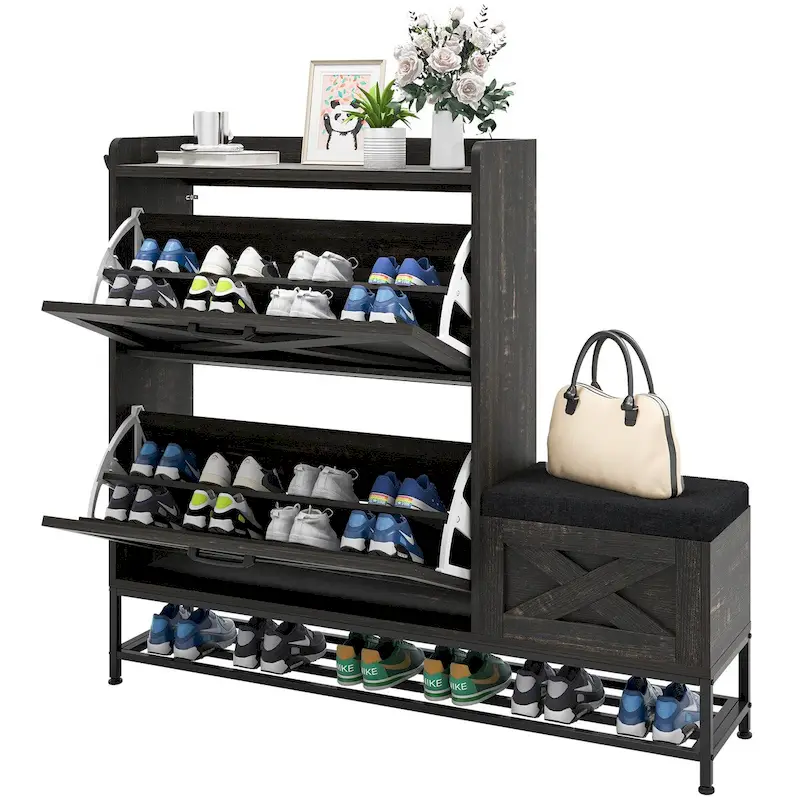 Moasis Farmhouse Shoe Storage Cabinet with 2 Flip Drawers for 16 Pairs Entryway Shoe Storage with Shoe Bench