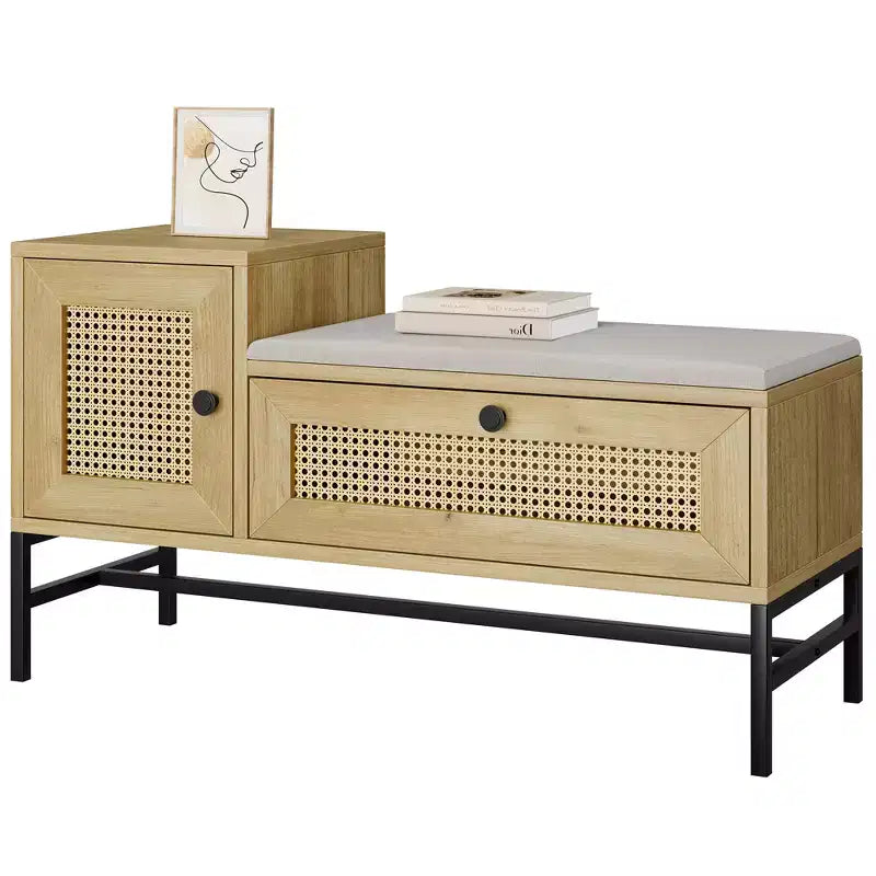 Rattan shoe bench with drawer wooden entryway storage bench with soft seat cushion and adjustable shelf three-layer shoe rack storage rack for hallway