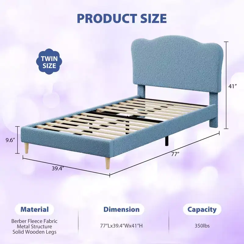 Upholstered Twin Bed Frame with Scalloped Headboard,Cute Velvet Platform Bed with Wooden Slats, No Box Spring Needed for Kids/Boys/Girls