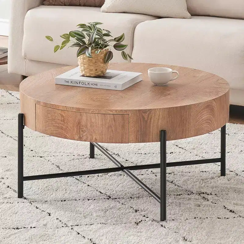 Round Wood Coffee Table with Drawer and Storage for Living Room