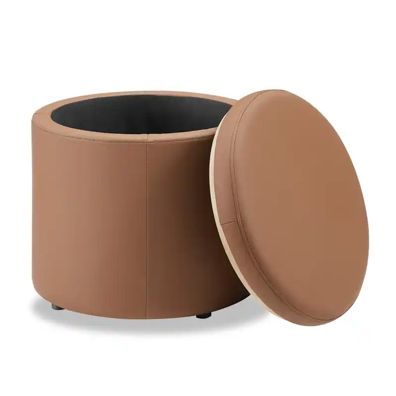 18 Round Storage Ottoman - Brown Faux Leather