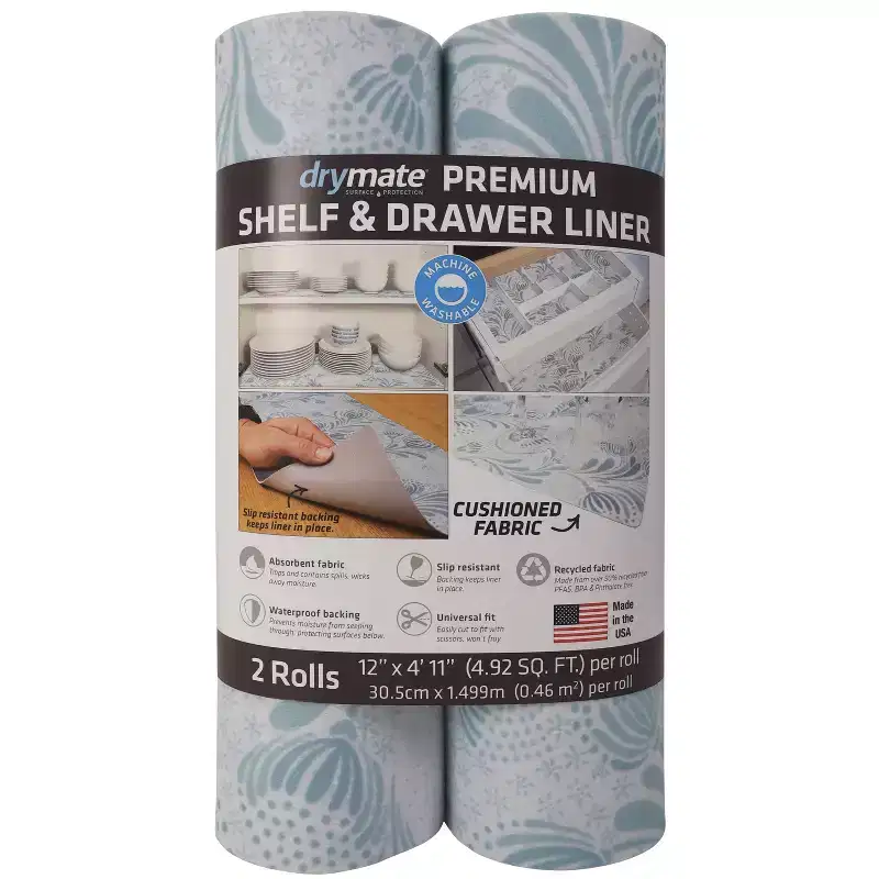 Drymate 12"x59" 2pk Shelf/Drawer Liner - Light Blue Floral: Non-Adhesive Botanical Pattern, Machine Washable