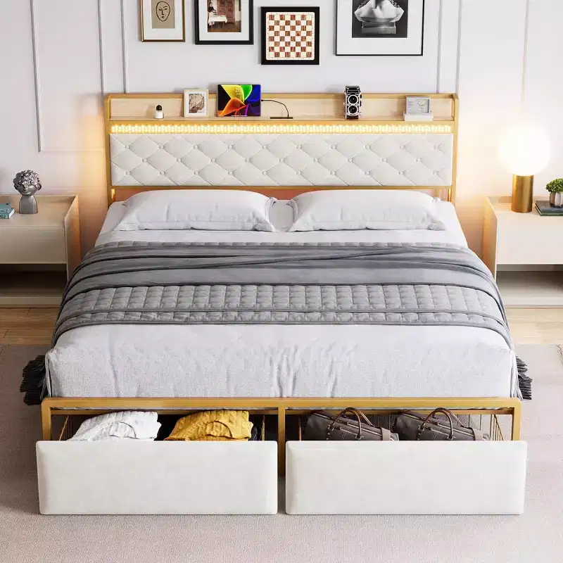 Bed Frame with Storage Headboard, Platform Metal Bed with Charging Station & 2 Drawers, No Box Spring Needed