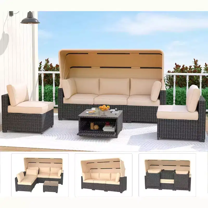Garvee Outdoor Daybed with Canopy,6 Pieces Patio Furniture Sets Adjustable Backrest PE Gradient Wicker Sectional Furniture Set