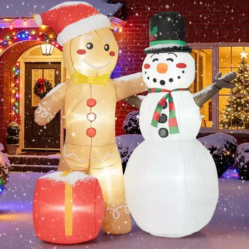 GOTGELIF 8FT Inflatable Gingerbread Man & Snowman with LED Lights Outdoor Holiday Decoration