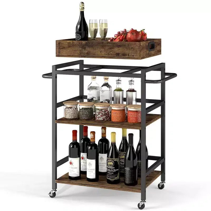 Rustic Rolling Bar Cart 3-Tier with Removable Tray and Lockable Wheels