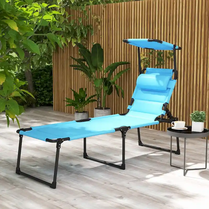 Outdoor Adjustable Backrest Folding Chaise Lounge w/Sunshade Roof