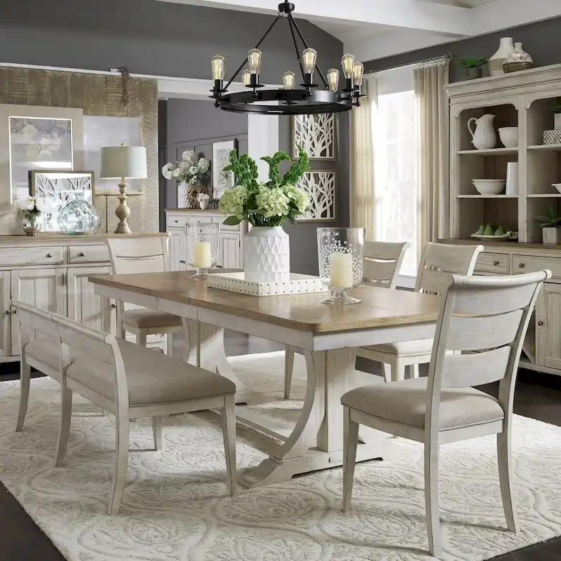 Farmhouse Reimagined Antique White Opt 6 Piece Trestle Table Set