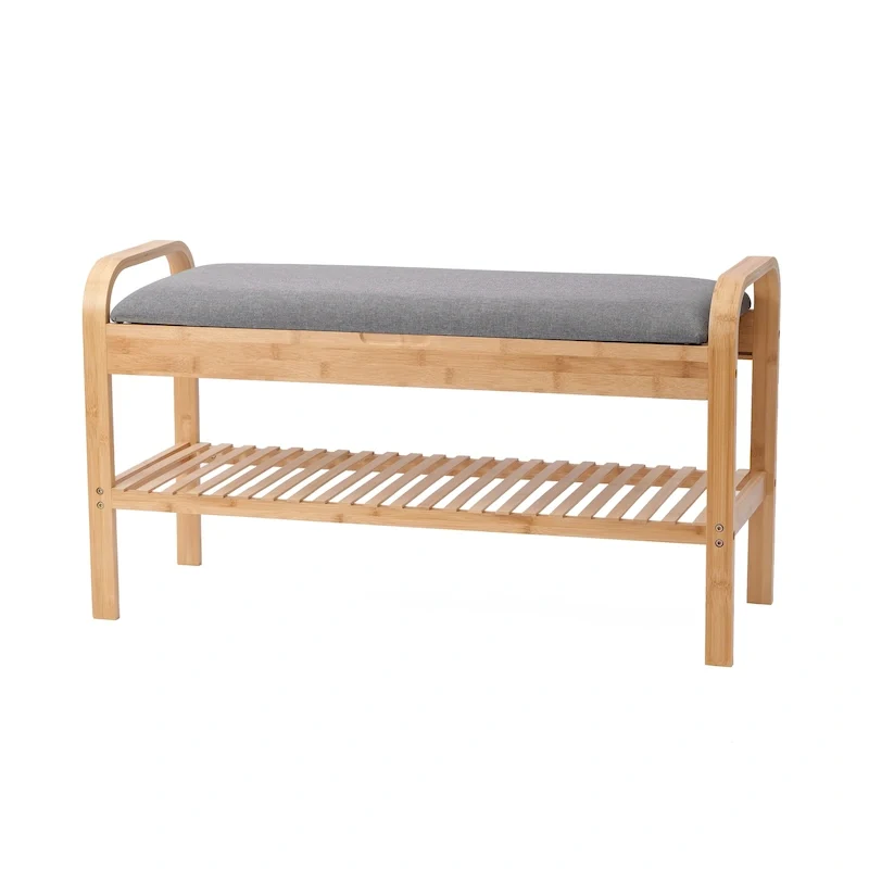 Natural Bamboo Shoe Bench with Cushion, 2-Seat