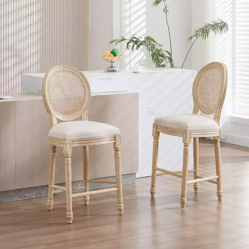French Country 26 Bar Chairs Set of 2, Upholstered Natural Rattan Round Back, Wire Drawing Carving, Beige