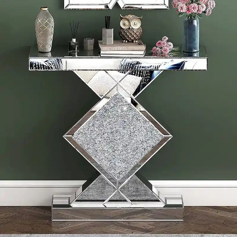 Geometric Mirrored Console Table – Silver, Glam Style, Diamond Lattice Base
