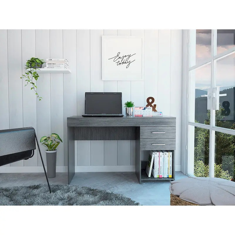 Smokey Oak / Black / Light Grey Writing Desk with 2 Drawers & Open Shelf, Single-Person
