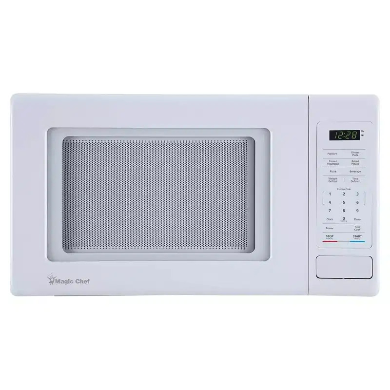 Magic Chef 0.9 Cubic Feet 900 Watt Small Stainless Countertop Microwave Oven for Compact Spaces w/ 6 Pre Programmed Cooking Modes, White