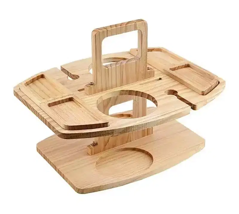 Portable Wooden Wine Glass Holder & Snack Tray, Outdoor Picnic Table with Hanging Rack for Backyard, Patio, Camping and Parties