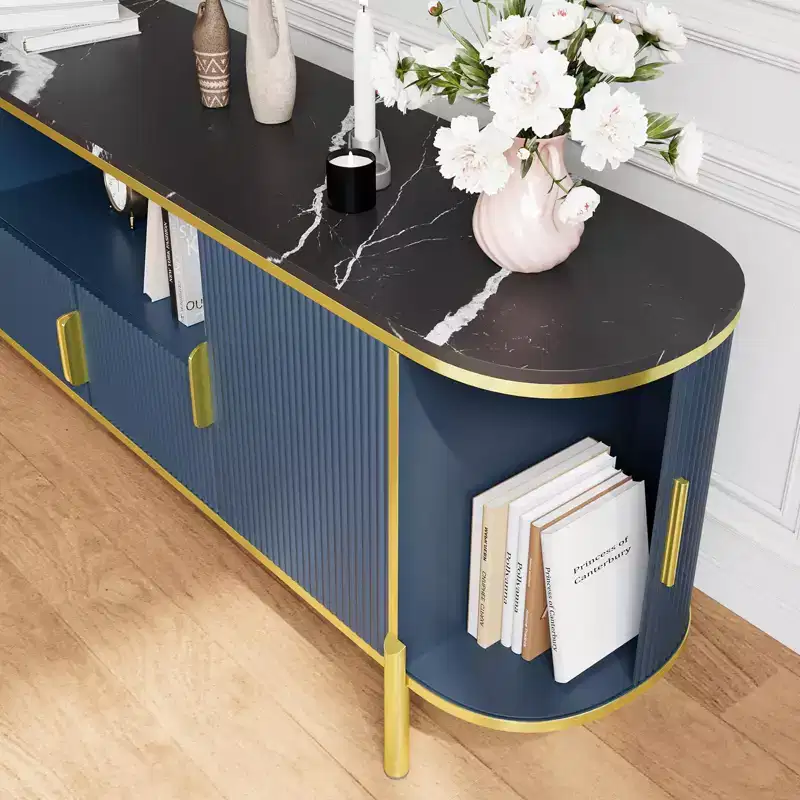 Blue/Oak 4-Door Wave TV Stand, Fits up to 70 TV