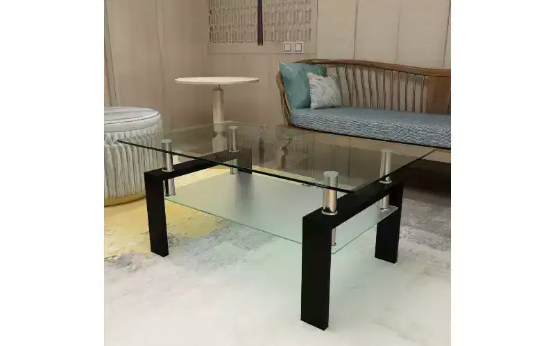 TUYOHW Double-Layer Glass Coffee Table with Iron Frame, 220Lbs Capacity Center Table for Living Room Office, Modern Side Table Tea Table