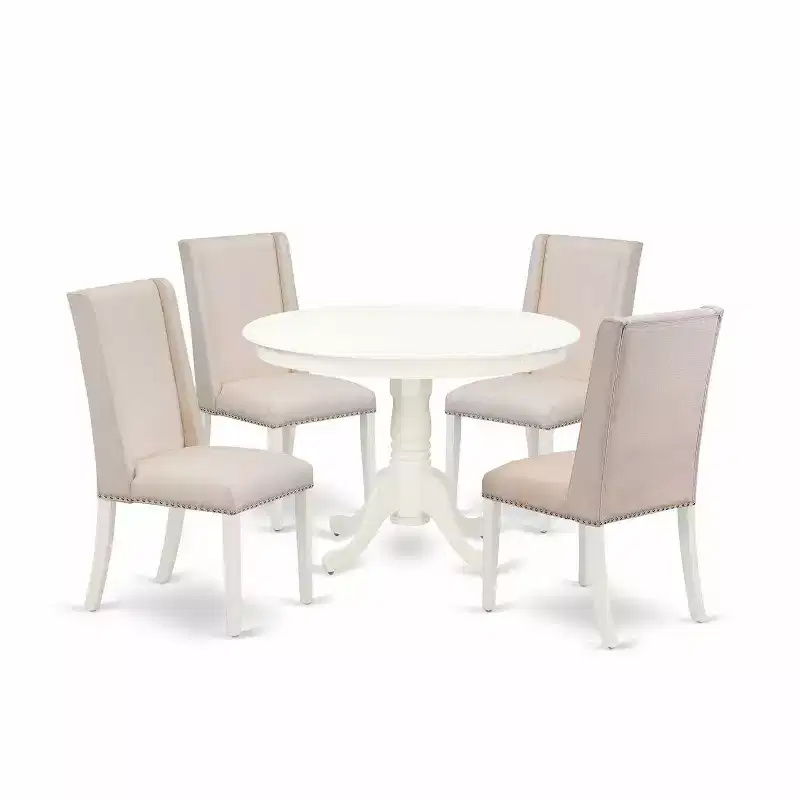 HomeStock 5-Piece Linen White Finish Solid Wood Top Dining Table with 4 Parson Chair