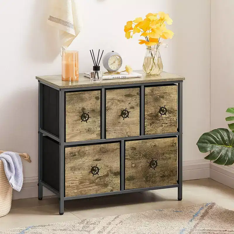 Wooden Top Dresser with 5 Drawers �C Bedside Table for Bedroom or Living Room, Gray