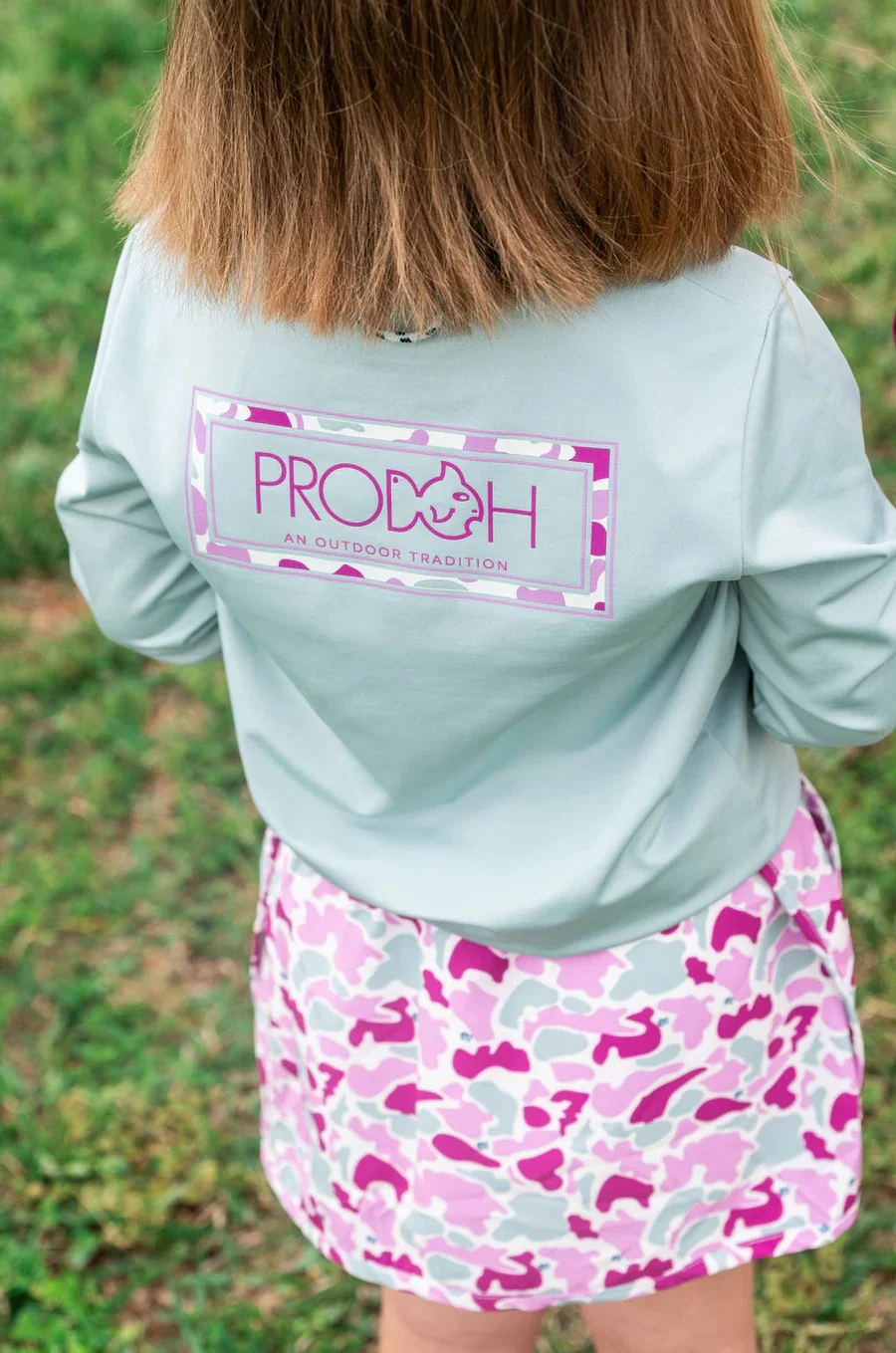 Girls' Pro Performance Long Sleeve T-shirt in Blue Surf with Pink Camo