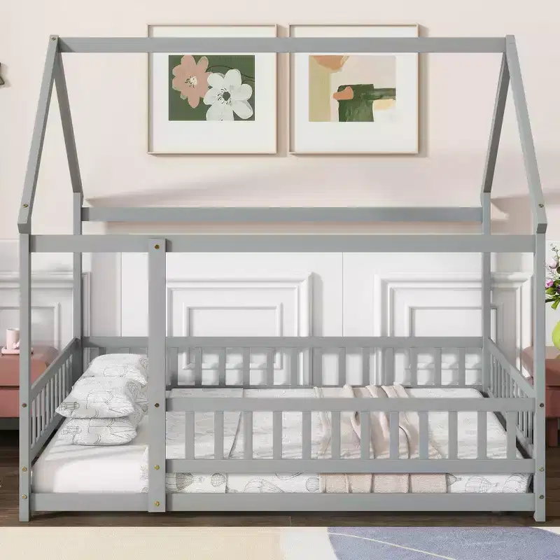 Bellemave Full Size House Floor Bed with Roof FrameSafety Guardrails,Wooden House Floor Bed with FenceBox Spring Not Required