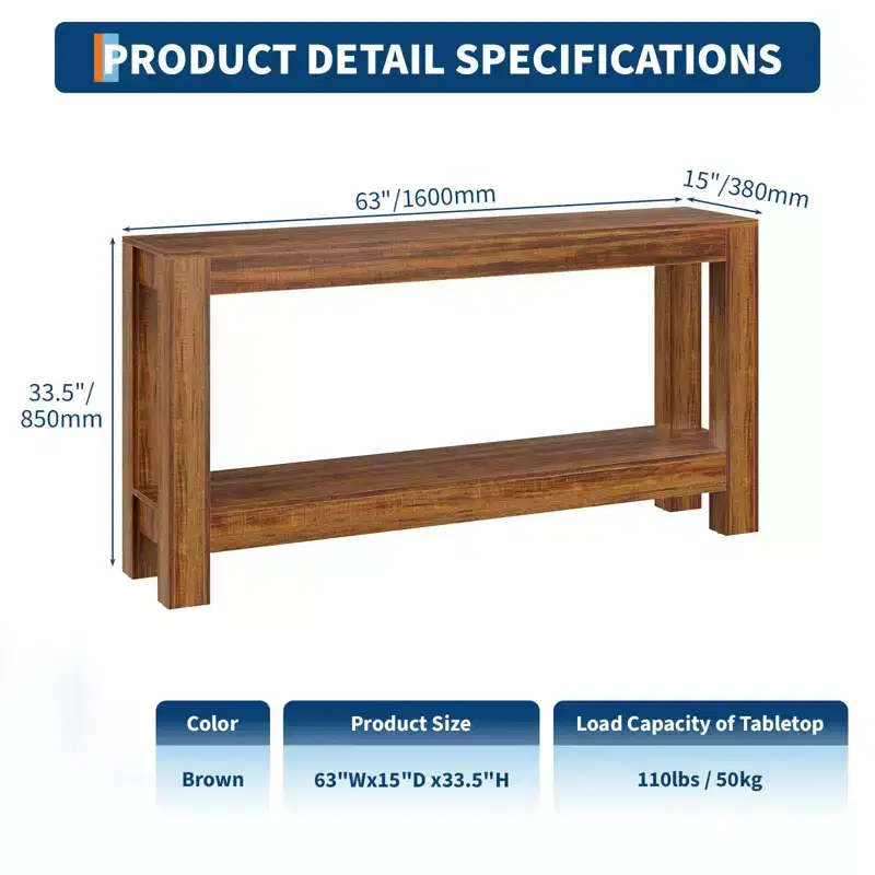 63 Entryway Console Table, 2 Tier Narrow Long Sofa Table, Wooden Behind Couch Table, Entry Foyer Table for Living Room, Hallway, Brown