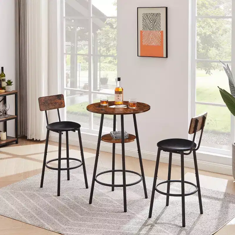 3-Piece Industrial Round Counter Height Dining Table Set with 2 PU Soft Counter Height Stools, Space-Saving Kitchen or Home Bar-Panipeachy