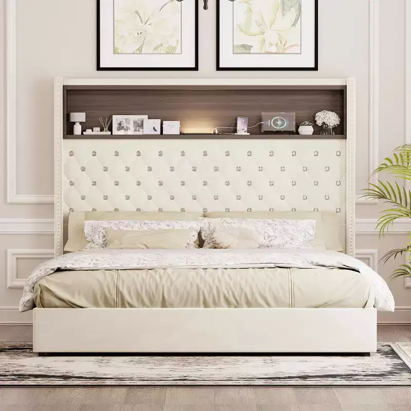 MAYEERTY Queen Size Velvet Tufted Bed with Port Night Light 52 HIgh Headboard with Rivet Decor Headboard Shelf for Bedroom Beige