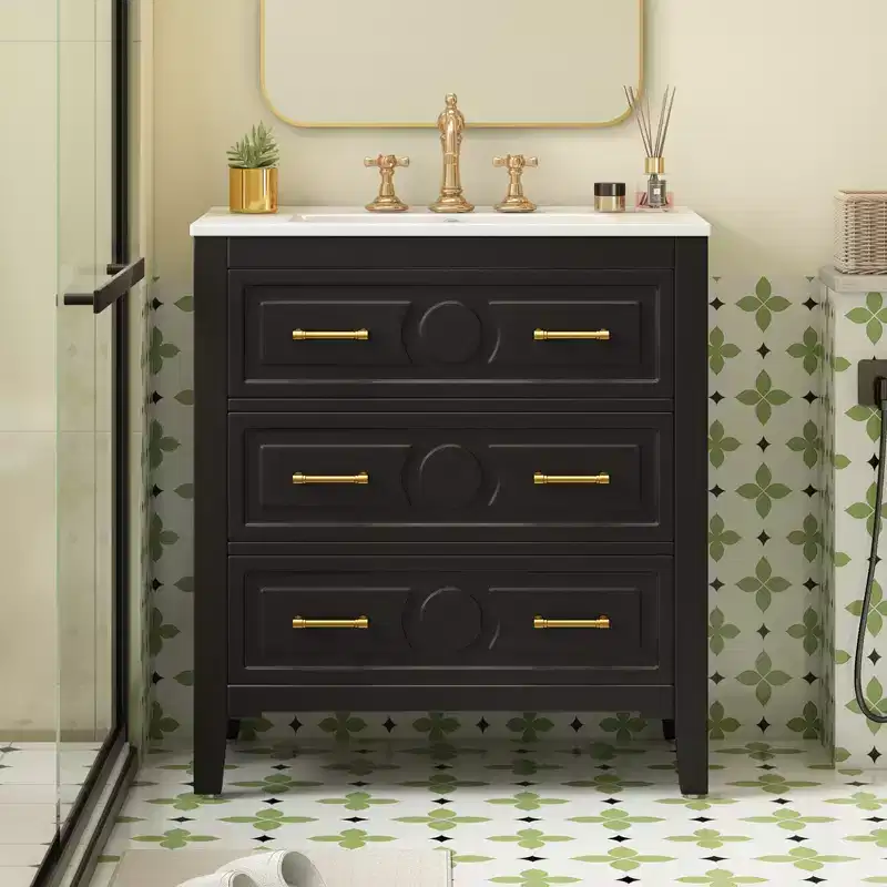 30 Single Bathroom Vanity with Sink, Bathroom Floor Cabinet with Drawers for Small Space