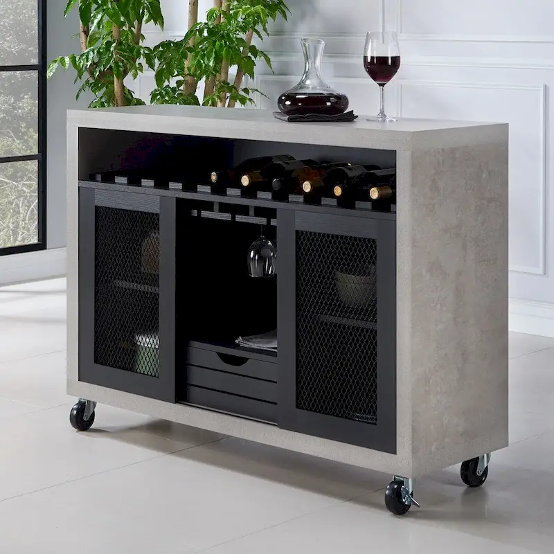 Contemporary 4-Shelf Rolling Buffet with Wine Rack and Casters