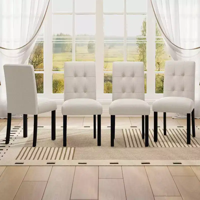 MAYEERTY 4-Piece Modern Tufted Dining Chair, Linen Upholstered, Black Rubber Wood Legs