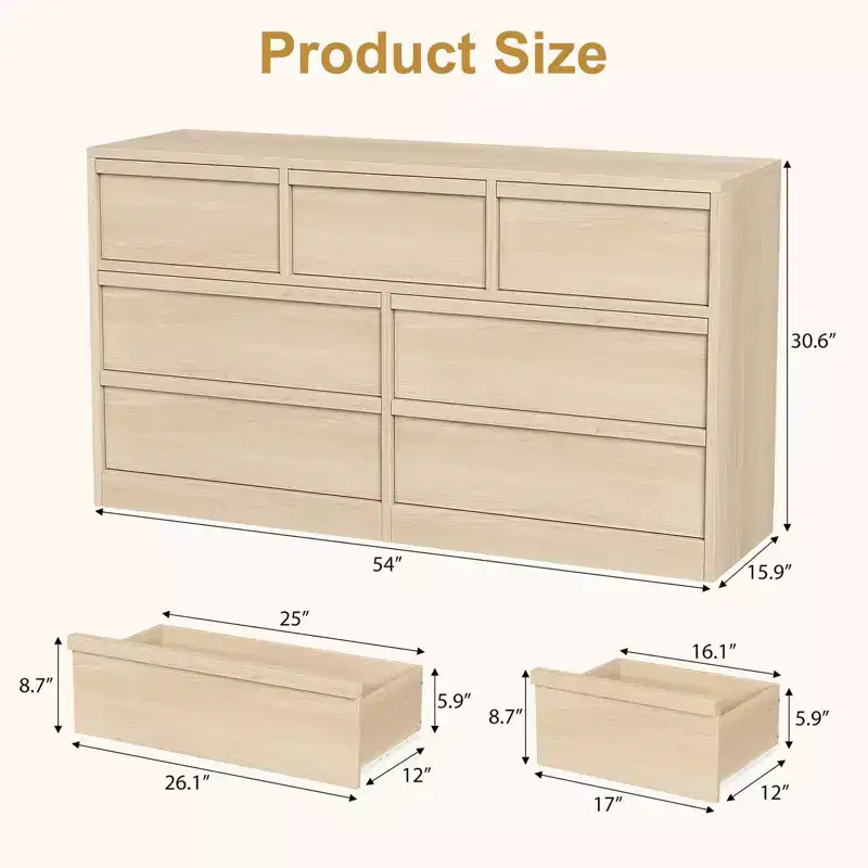 54-Inch 7-Drawer Wood Dresser with Large Storage