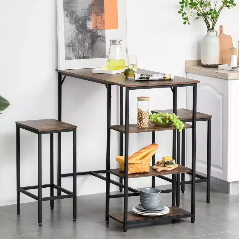 HOMCOM Industrial 3 Piece Dining Table Set, Counter Height Bar Table and Chairs Set, Kitchen Bistro Table Set with Storage Shelf and Stools, Brown
