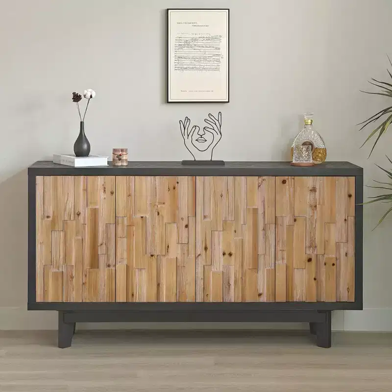 GDFStudio Pavi 59'' Rustic Wooden Geometric Textured Storage Cabinet with 4 Doors and 2 Adjustable Shelves