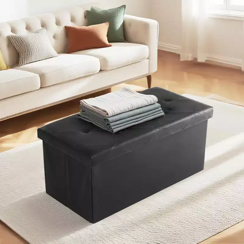 Foldable Storage Ottoman Bench, Foot Rest Stool with Thicker Foam Padded Seat, Faux Leather Storage Chest for Entryway, Living Room, Bedroom