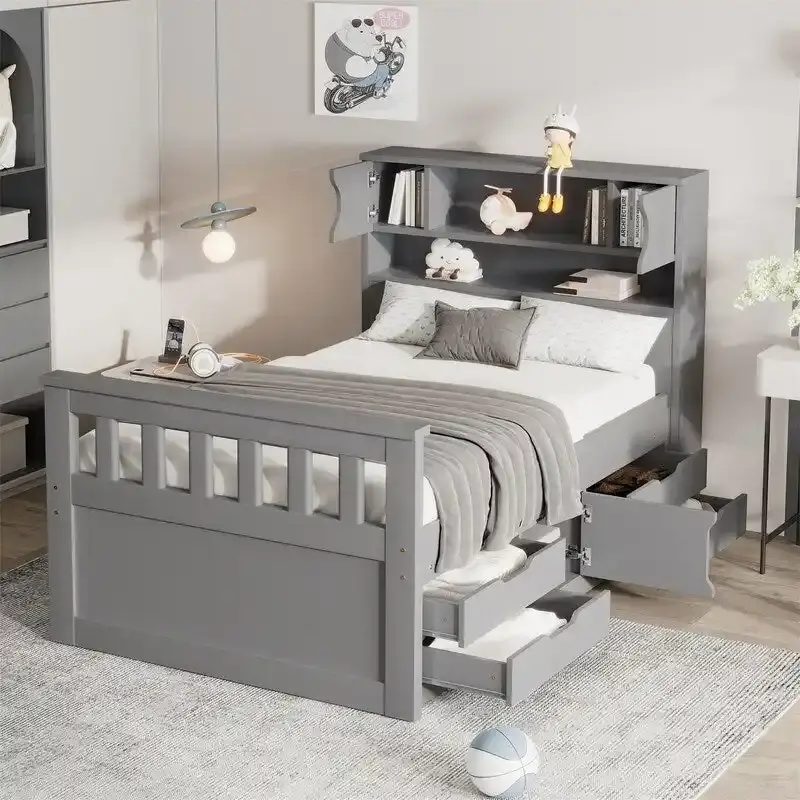 Twin/Full Size Captain Platform Bed with 4 Drawers and Storage Shelves, Solid Wood Bed Frame with Storage Bookcase Headboard