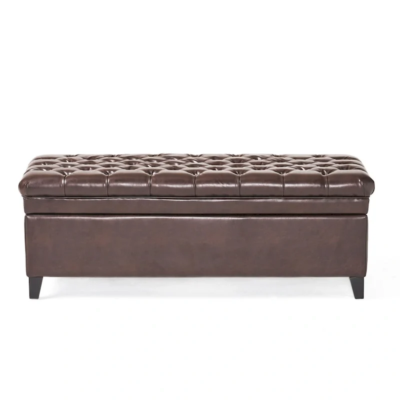 Rhya Storage Ottoman Bench, Brown Faux Leather, Black Wood, 50 Inch