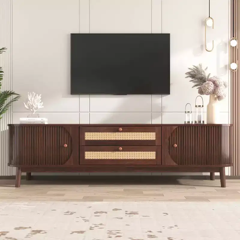 Rattan TV Stand for TVs up to 75, Modern Farmhouse Media Console, Entertainment Center with Solid Wood Legs for Living Room Beige