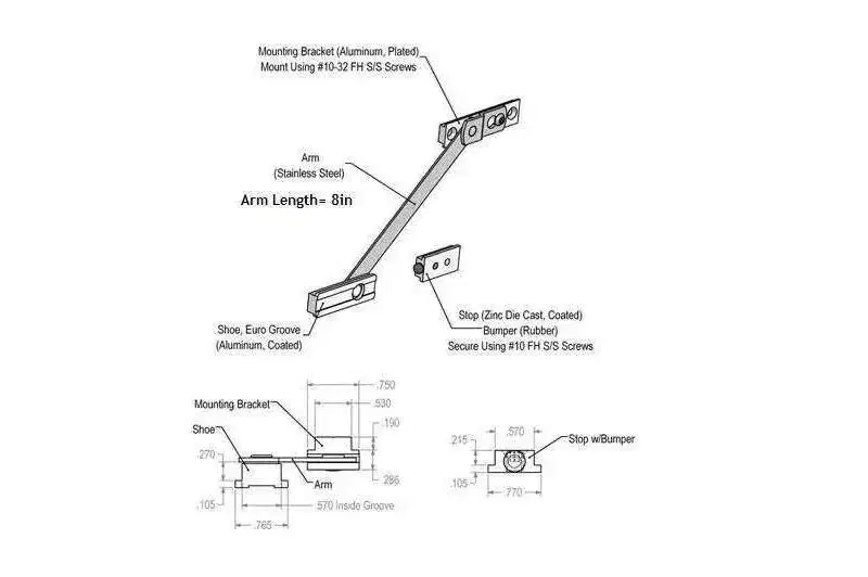Brixwell Limit Device For Casements, Stainless Steel Arm Material, Aluminum Bracket, 8 Arm Length, Mill Finish